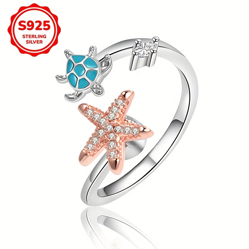 S925 Silver Turtle Star Rotating Ring Synthetic Zirconia Beach Style